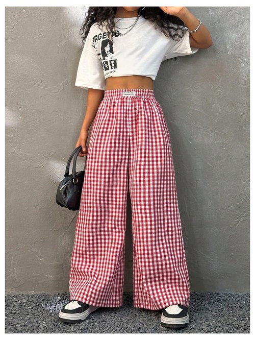 SOLY HUX Girl's Plaid Gingham Baggy Pants Elastic High Waisted Wide Leg Long Pants Trousers Red Plaid 9Y