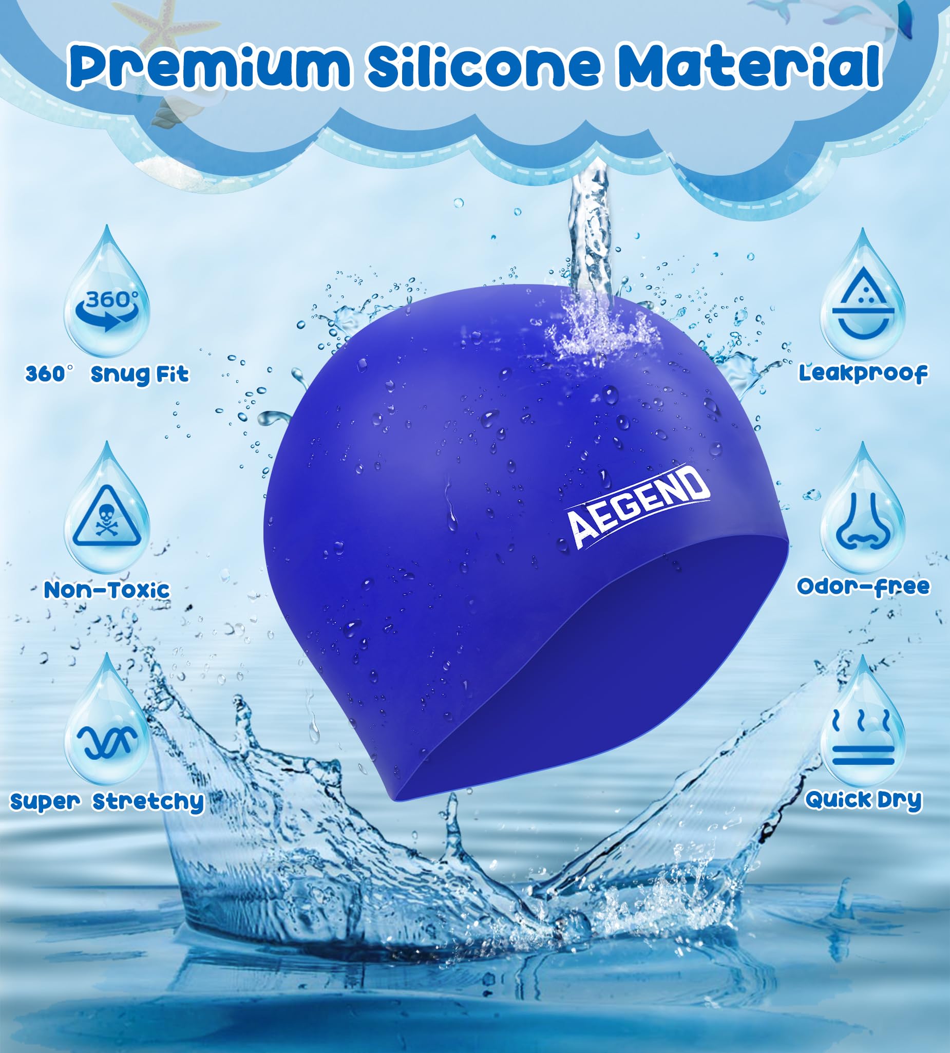 Aegend 2 Pack Kids Swim Cap for Girls Boys Age 3-8, Waterproof Swim Cap Durable Silicone Kids Swimming Cap for Long Hair, Black & Blue