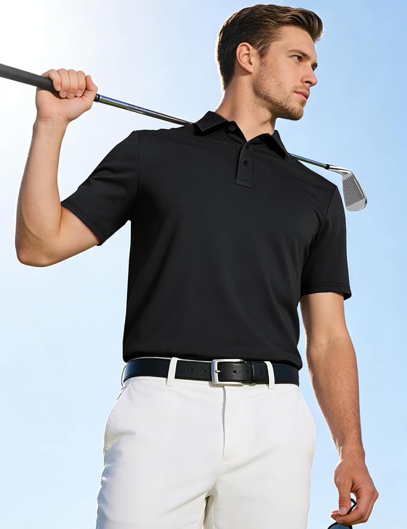 TACVASEN Men’s Polo Shirt Short Sleeve Dry Fit Golf Collar 3-Button Black XL