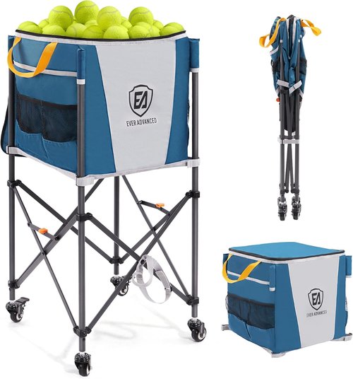 Ever Advanced Tennis Ball Hopper - 150 Capacity Rolling Cart with Side Pockets | Blue Sports Equipment Organizer (16.2 x 16.2 in)