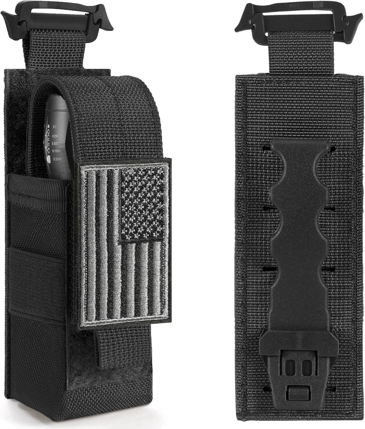 Skiennix Tactical Flashlight Holster - Adjustable Molle Pouch for Duty Belt & Backpack | Includes USA Flag Patch