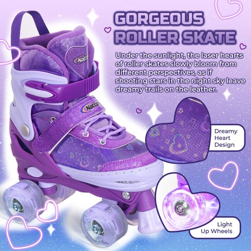 Nattork Kids Roller Skates for Girls Boys, Purple Hearts Quad Skates for Big Kids Age 7 8 9 10 - Adjustable Girls Roller Skates with All Light up Wheels - Birthday Gift for Indoor Outdoor Sports