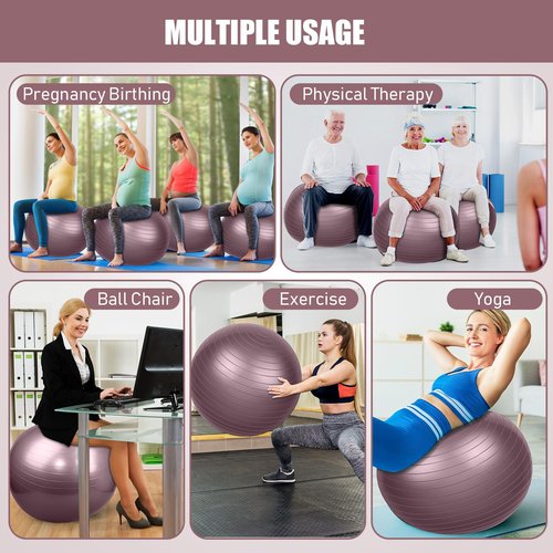 Leyndo 2 Pcs Yoga Ball Exercise Ball Large 26 Inch Exercise Anti Burst Birthing Fitness Ball with Pump, 26 Inches/ 65 cm for Improved Posture, Balance, Yoga, Pilates, Training(Rose)