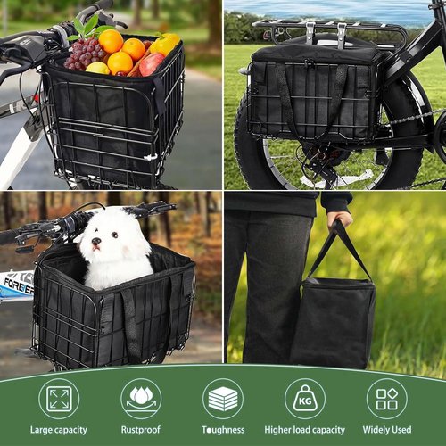 LIQING Bike Basket Front Folding Bicycle Basket with Removable Liner Bag, Quick Release Design Metal Ebike Basket for Adult Women/Men Carrying Dogs, Pets, Fruit & Grocery (L-Black)