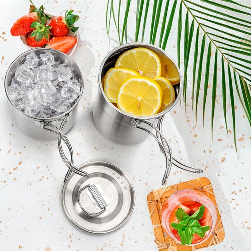 Nagpew 2 Pieces Stainless Steel Camping Cups, Stackable Camping Mugs with Storage Bag, Foldable Handles, Vented Lid, Metal Backpacking Cookware Bush Pot for Coffee, Tea, Hiking