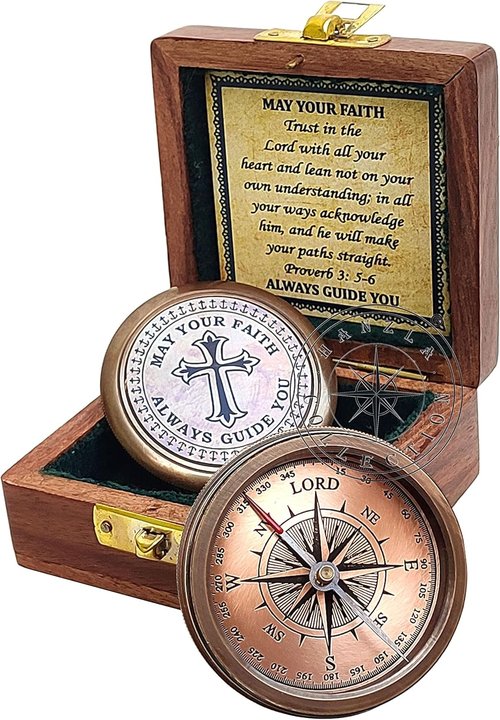 Engraved Compass by Trust in The Lord | Proverbs 3:5-6 Quote with Wooden Box & Greeting Card - Perfect Graduation Gift for All