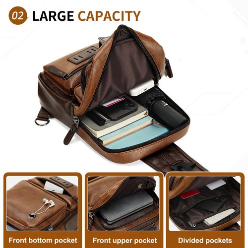 SUIKIHUM Vintage PU Leather Sling Backpack for Men, Crossbody Bag, Adjustable Shoulder Strap (Light Brown)