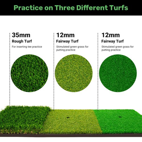 Tri-Turf Golf Hitting Mat,3-in-1 Golf Practice Mat for Driving, Chipping & Putting Training, Durable Portable Golf Chipping Mat with Rubber Backing for Indoor Outdoor Backyard Use