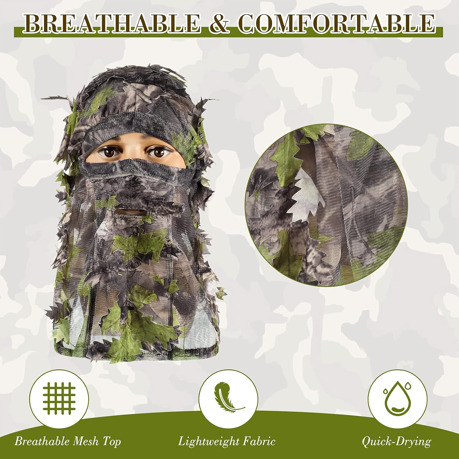 Sintege 3D Camo Turkey Hunting Face Mask - Full Coverage Ghillie Hat | 3-Piece Camouflage Set