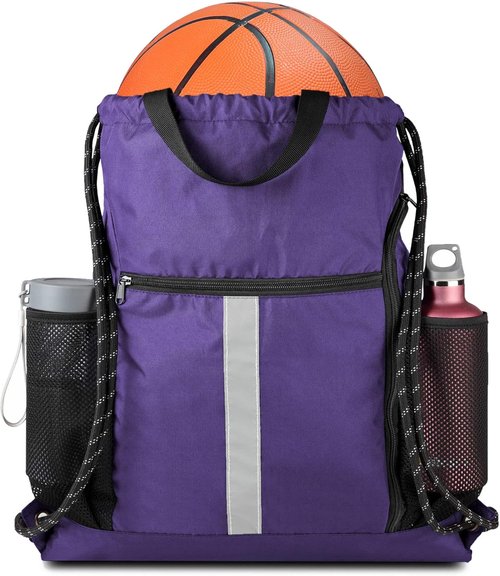 BeeGreen Gym Backpack - Lightweight Purple String Bag with Shoe Compartment & 2 Water Bottle Holders