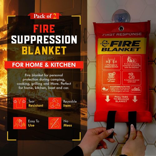 Mart Cobra Fire Blanket 2-Pack | Emergency Fire Suppression for Home & Kitchen | 40"x40" Heat Resistant Fiberglass Safety Blankets