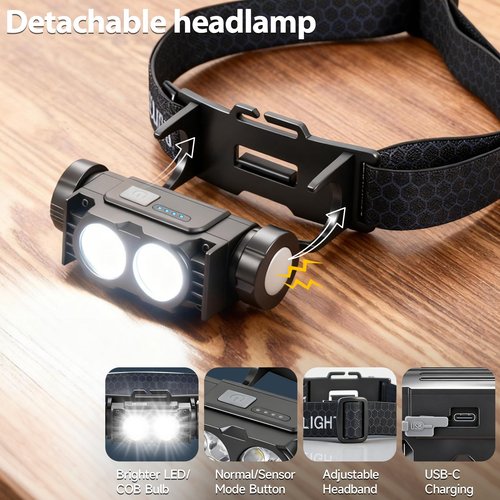 Bud K 6pack Headlamp Rechargeable, 5000L Super Bright Light LED Rechargeable Headlight, 3 Modes, Detachable Flashlight & Waterproof Head Lamp for Adult, Running, Outdoor, Emergency, Hard Hat Light