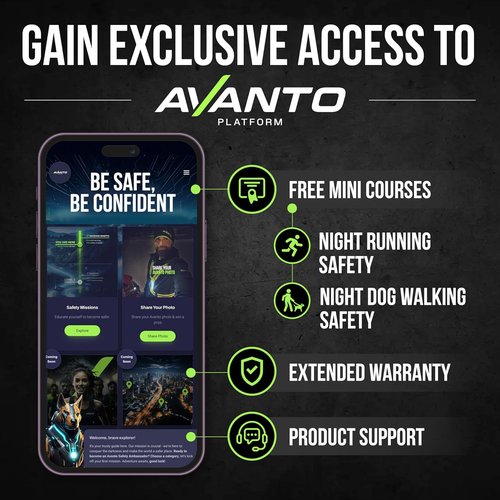 AVANTO SOLX1 Pro Running Headlamp - USB-C Rechargeable Chest Light with Adjustable Beam & Reflective Safety Harness in Black
