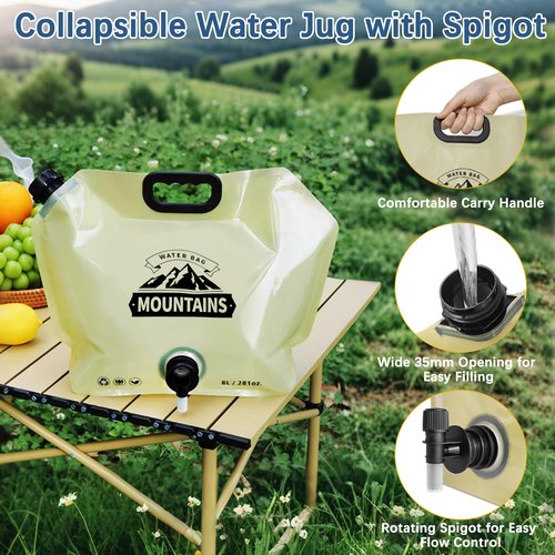 Coipdfty Water Jug Camping 2.1 Gallon Collapsible with Spigot, BPA Free Portable Water Pouch Foldable Water Bags for Outdoor Hiking, Travel and Emergency & Water Storage Containers (Beige-1Pcs)