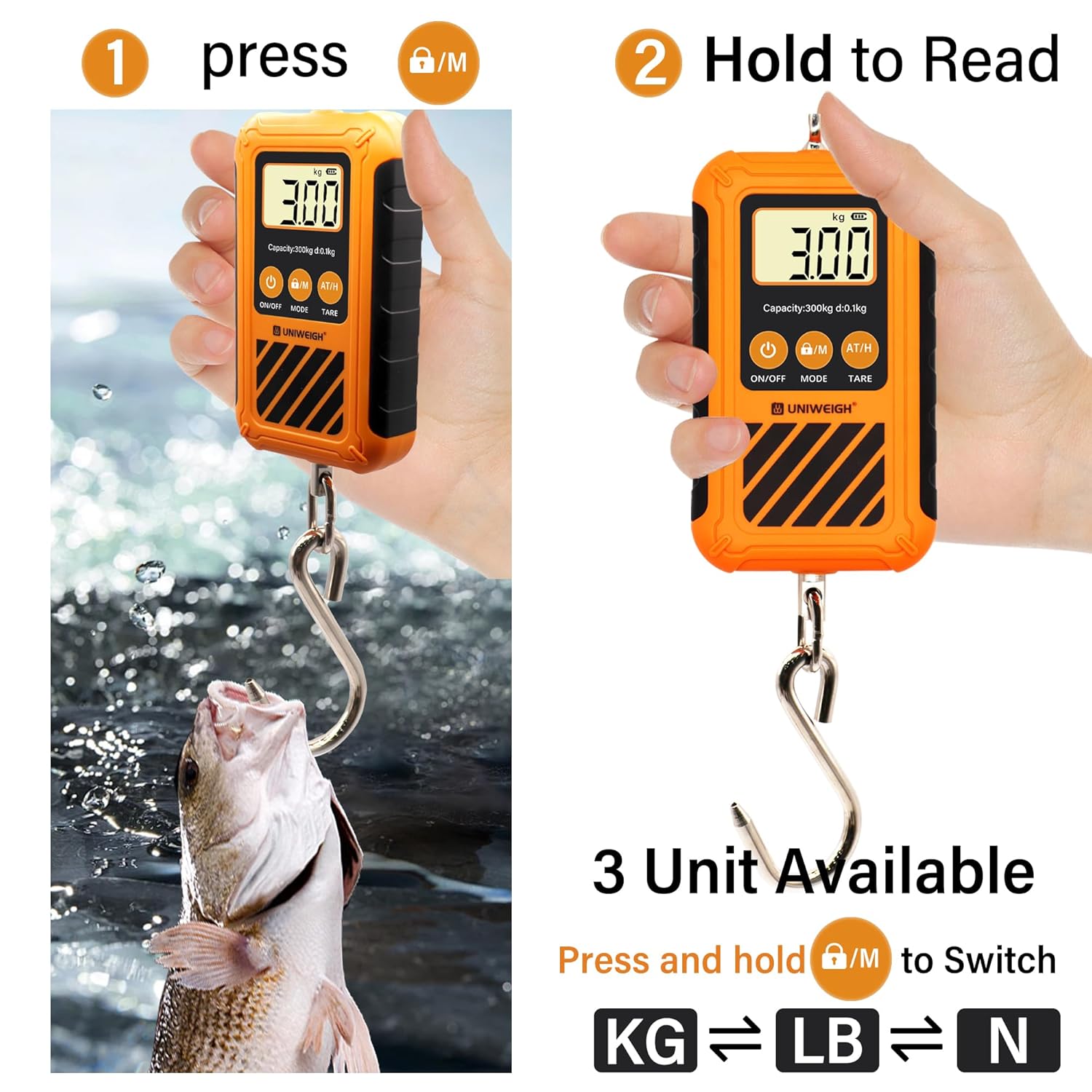 UNIWEIGH Digital Hanging Scale - Portable 300kg/660lb Crane Scale with LCD Display & Large Hook | Ideal for Hunting, Fishing, and Garage Use