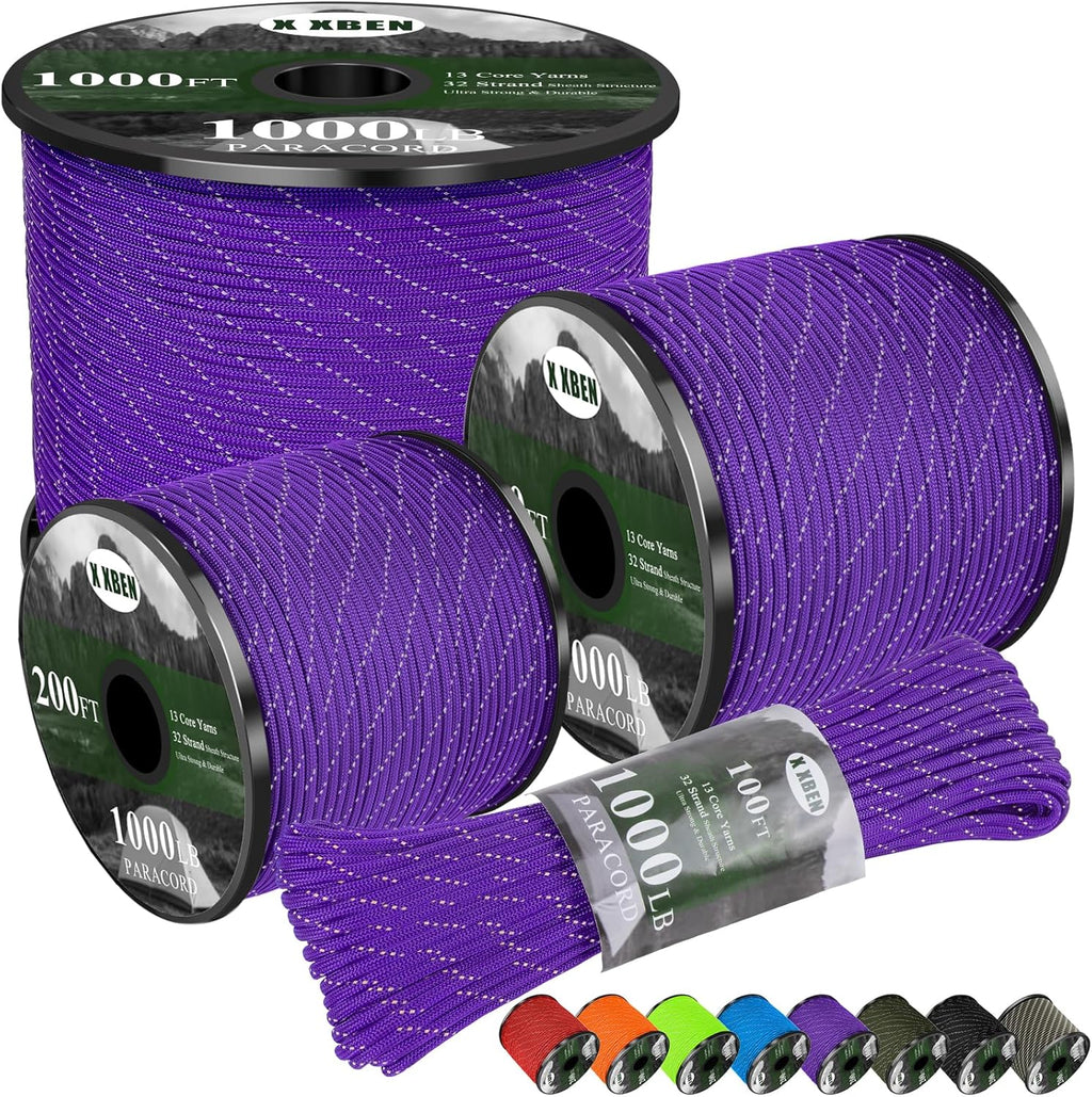 XXBEN Paracord Rope - Heavy Duty 1000lb Reflective 4mm Cord for Camping & DIY Crafts | Purple, 50-1000ft