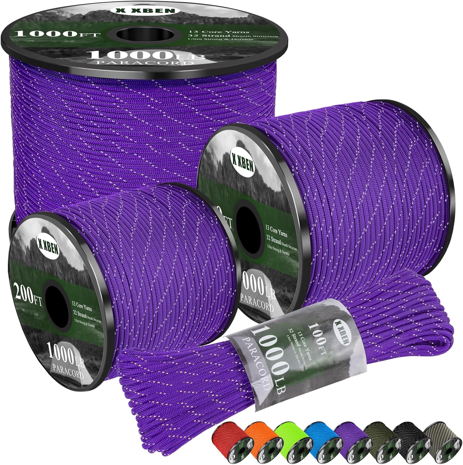 XXBEN Paracord Rope - Heavy Duty 1000lb Reflective 4mm Cord for Camping & DIY Crafts | Purple, 50-1000ft