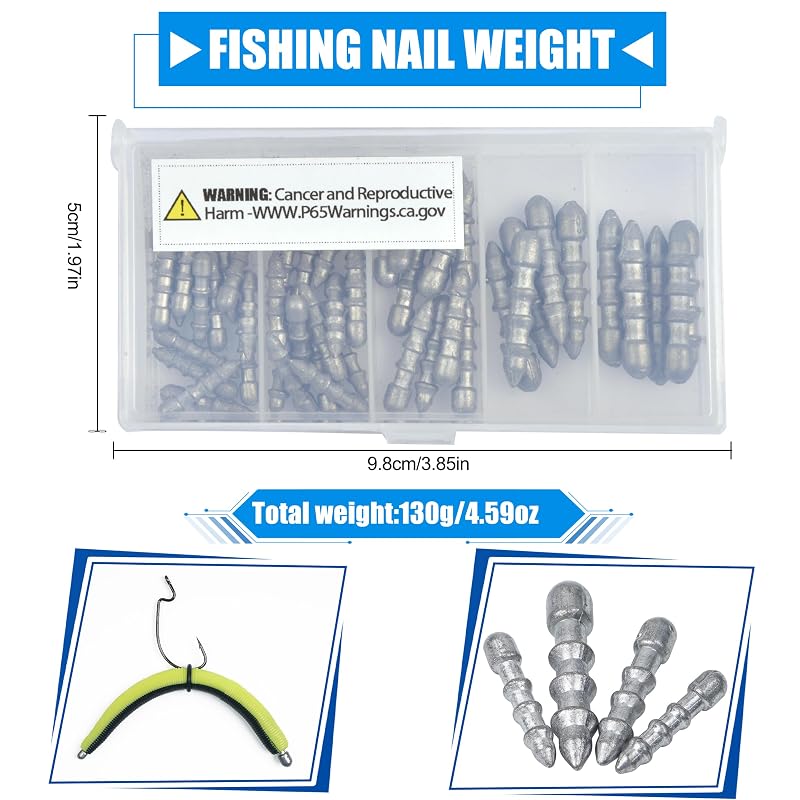 Nail Sinkers Kit 50pcs for Soft Plastic Worms & Wacky/Neko Rig - 4 Sizes