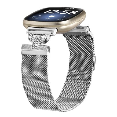 Feigand Metal Magnetic Band Compatible with Fitbit Versa 4/Sense 2/Versa 3/Sense, Stainless Steel Dressy Mesh Loop with D-Shape Diamond for Women (Silver)