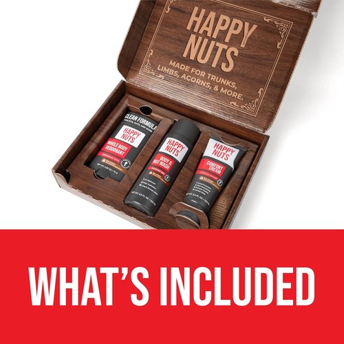 HAPPY NUTS Men's Hygiene Kit | Big Wood Energy Box with Deodorant, Body Wash & Comfort Cream - Ultimate Self-Care Gift Set