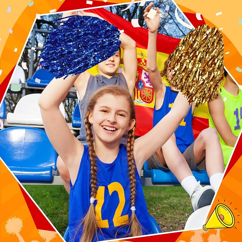 Multicolor 100 Pcs Metallic Cheerleading Pom Poms with Plastic Handles - 13in