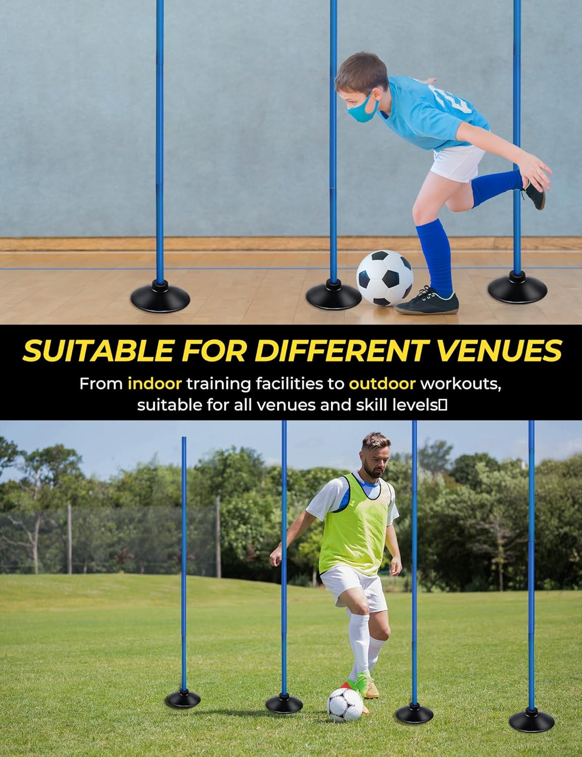 SEAOTTER Soccer Agility Poles Set - 6ft Detachable Speed Poles with Rubber Base | 4/6/10 Pcs for Training