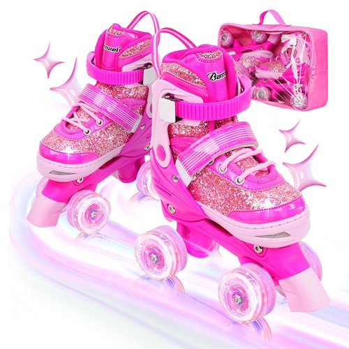 HolaDream Sequins Adjustable Kids Roller Skates with Light Up Wheels & Safety Protection for Beginners, Toddler Roller Skates Girls Ages 5-8, 8-12 for Indoor Outdoor Sports