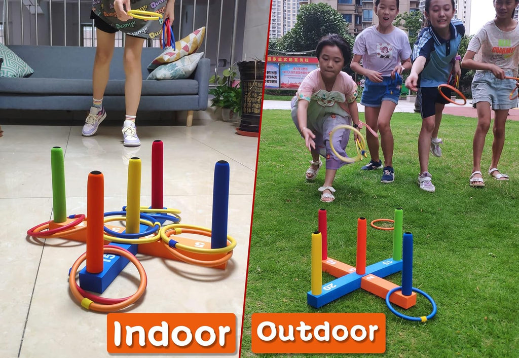 Skiennix Ring Toss Game - Fun Indoor & Outdoor Family Game with 5 Poles, 2 Bases & 16 Colorful Rings