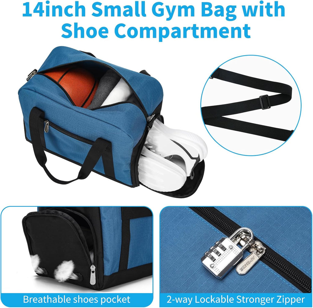 Skiennix Mini Duffel Gym Bag - Lightweight 14-Inch Design with Shoe Compartment - Blue