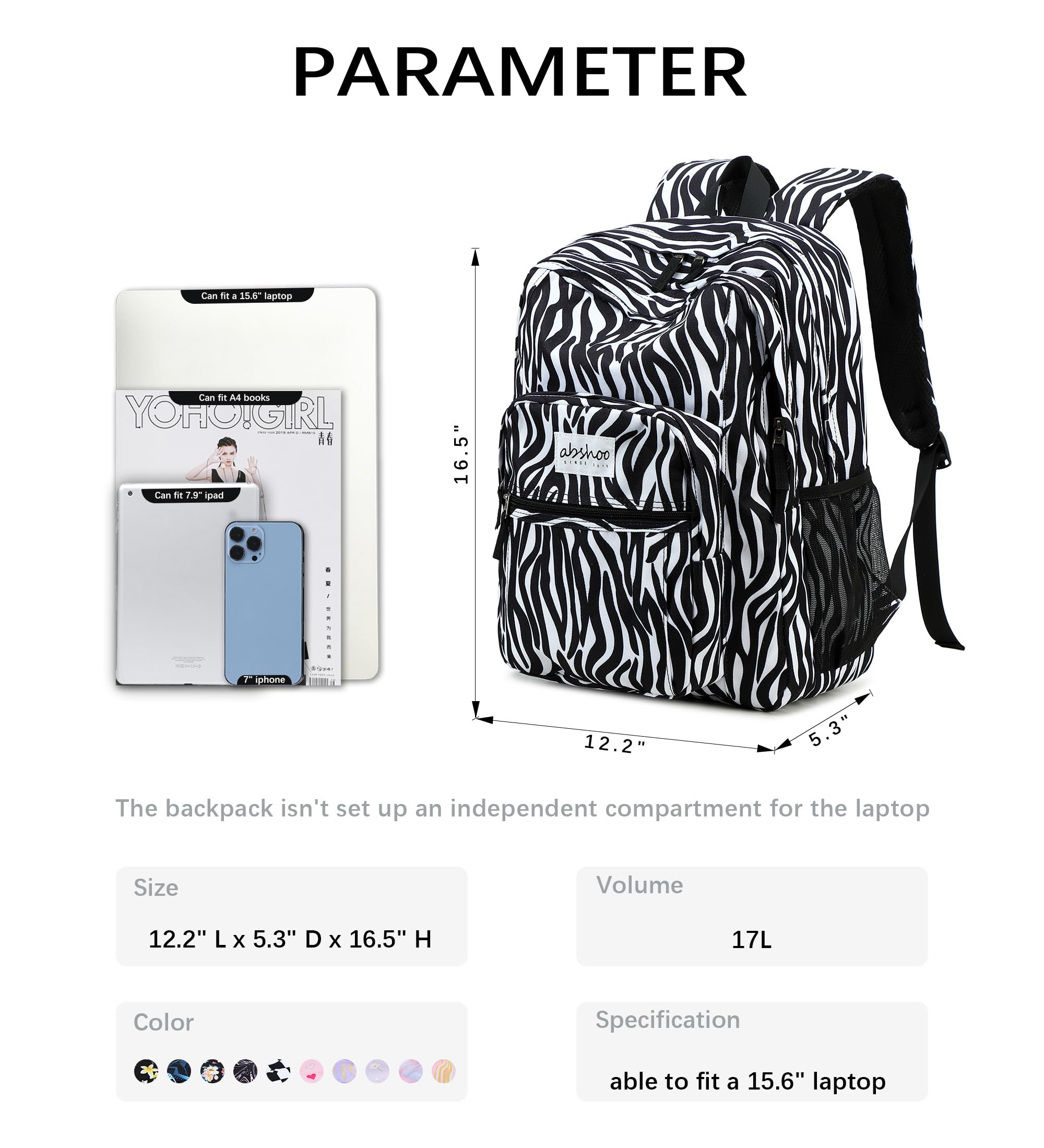 abshoo Classical Basic Zebra Print Womens School Backpack For College Teen Girls Water Resistant Bookbag (Zebra Black)