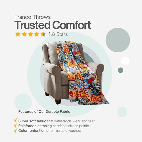 Hot Wheels Plush Throw Blanket - Super Soft Kids Bedding, 46" x 60", Officially Licensed by Franco