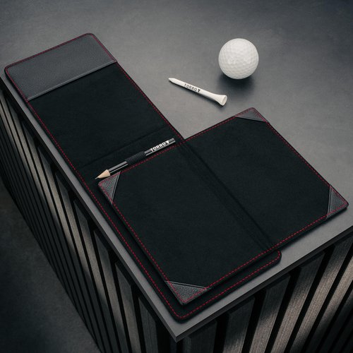 TORRO Large Golf Scorecard and Yardage Book Holder – Genuine Leather Pro Golf Score Card and Yardage Wallet with Pencil (Black with Red Detail)