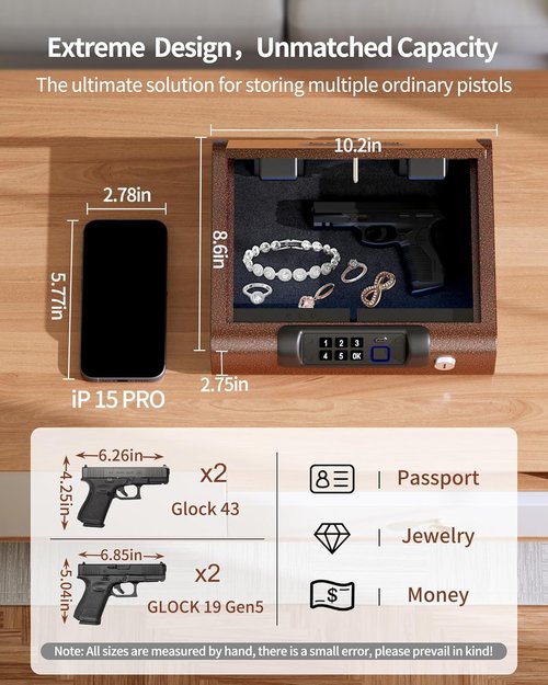 BILLCONCH Biometric Gun Safe - 3-Way Unlock with Fingerprint, Digital PIN & Key - Antique Bronze Finish