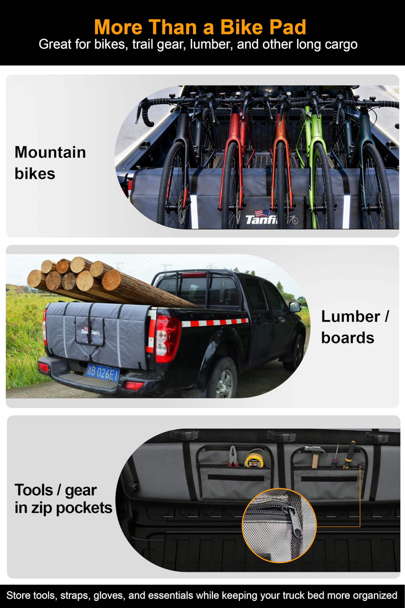 Tanfix Tailgate Pad for Mountain Bikes, 51" Tailgate Protection Pad for Compact & Mid-Size Trucks, Holds Up to 5 Bikes, with Tool Pockets, Backup Camera Access Flap