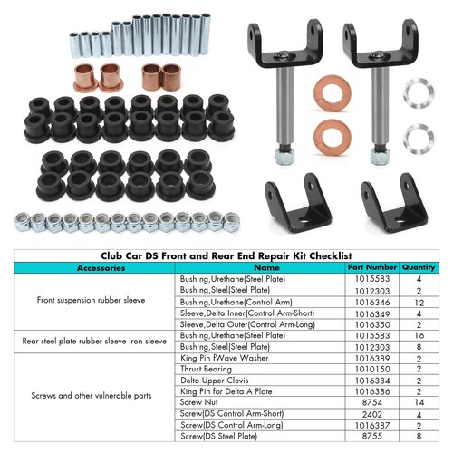 10L0L Golf Cart Deluxe Front and Rear End Repair Kit for Club Car DS 1992-Up Gas & Electric Models with Kingpins/Delta A Arm Bushings/Front & Rear Leaf Spring Bushings and Bolts/Clevis