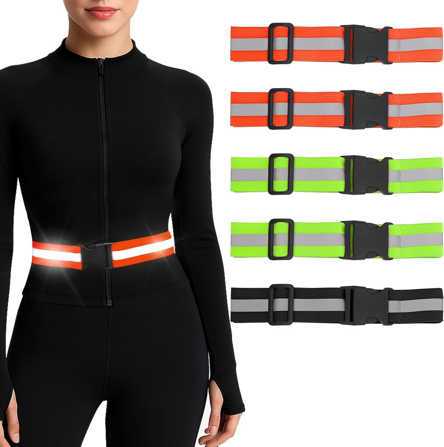 PT Glow Reflective Belt | 5-Piece Running Sash Set for Night Safety - Adjustable & Lightweight, 1 Black, 2 Orange, 2 Green
