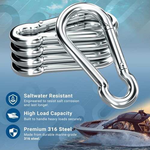 sprookber 316 Stainless Steel Carabiner Clip, 3.15 Inch Marine Grade Heavy Duty Spring Snap Hook for Outdoor, Boat, Hammock, Set of 5