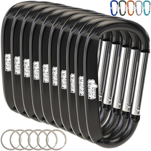 GORILLA GRIP Carabiner Clip, 3" D Ring, Pack of 10 Heavy Duty Aluminum Key Holder Clips Hold 170lbs, Rust, Scratch-Resistant Camping Essentials, Hiking Gear, Tactical Backpacking Keychains, Black