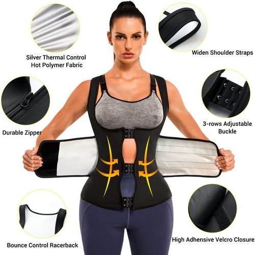 TrainingGirl Women Sweat Vest Waist Trainer Trimmer Belt Weight Loss Hot Sauna Suit Zipper Workout Tank Tops Slim Body Shaper (Black, Small)