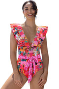 SPORLIKE Women One Piece Swimsuit V-Neck Ruffle Bathing Suit Padded Swimwear