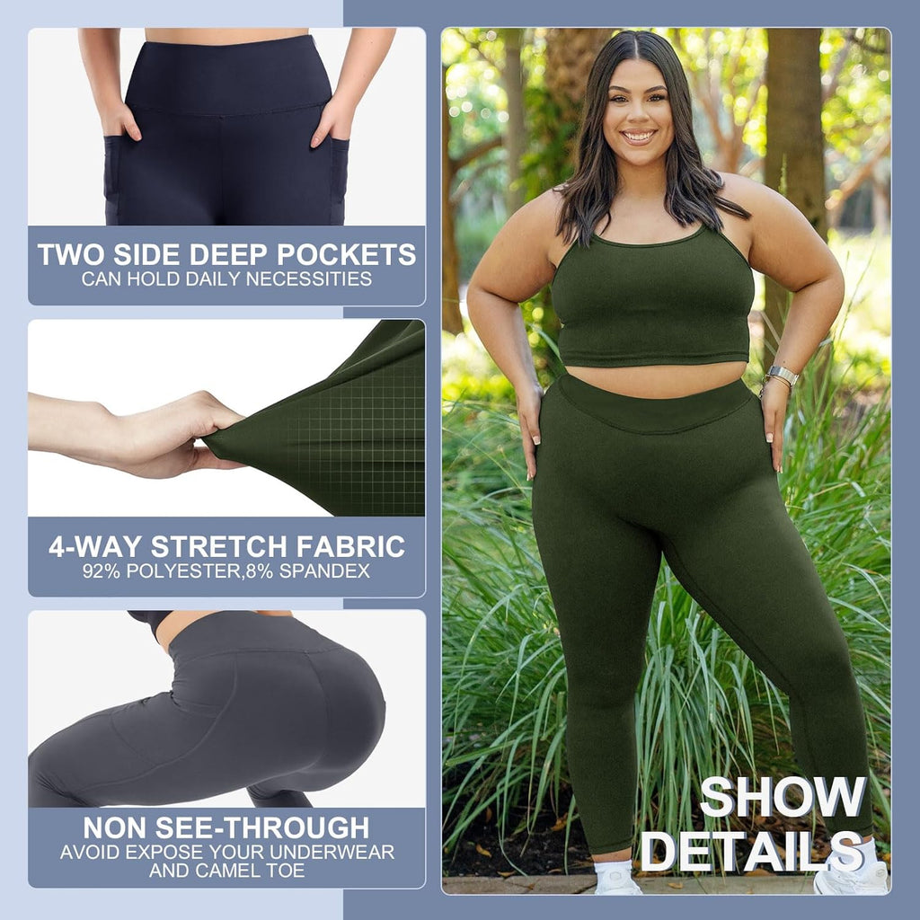 Skiennix Plus Size Leggings - High Waisted Tummy Control with Pockets | Soft Black Yoga Pants (3 Pack)