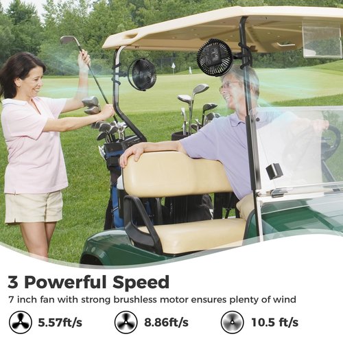 10000mAh Rechargeable Golf Cart Fan, 50H Run, Compatible with EZGO Club Car Yamaha, 7 inch Clip On Fan with Sturdy Tripod, 360° Pivot, 3 Speed & Timer, Cooling for Golf Cart Golf Palyer Essential