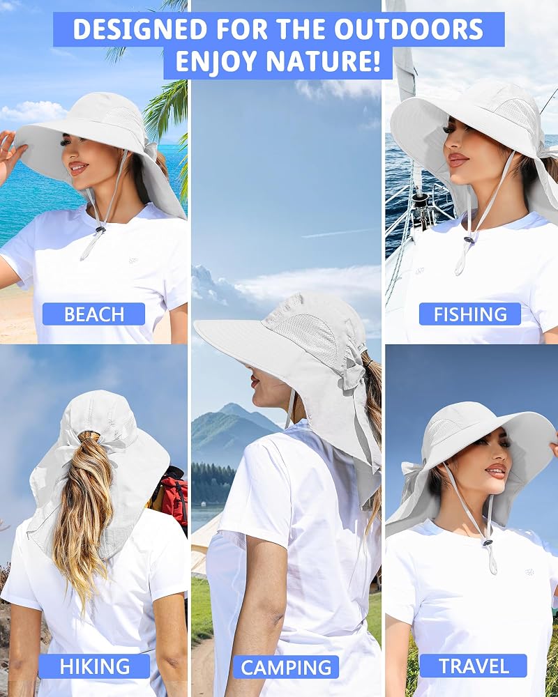 White One Size Sun Hat with Ponytail Hole and Neck Flap - UPF50+ Outdoor Fishing & Hiking