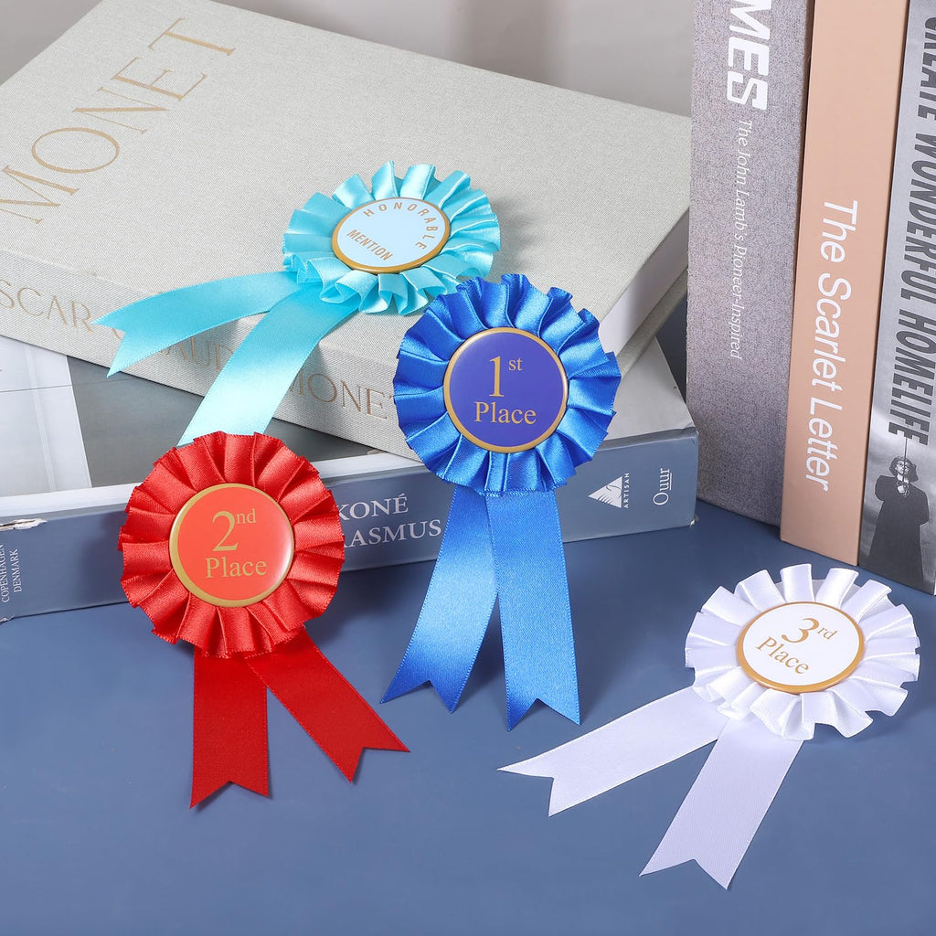 4 PCS Award Ribbon Rosette Set, Grand Prize Ribbon Winner Victory Ribbons, Satin Participation Ribbons 1st 2nd 3rd Place Honorable Mention Prize Badge Medals Deluxe Recognition-Ribbon for Classroom