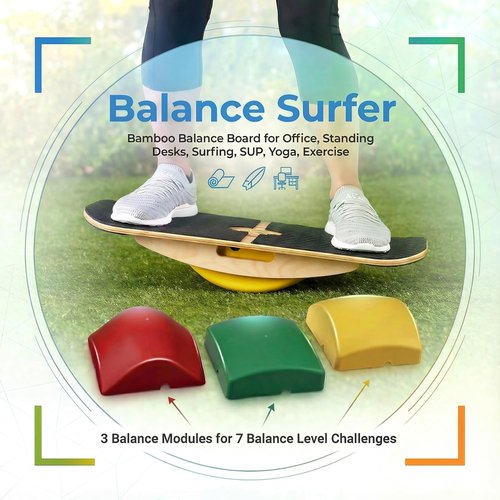 Blue Planet Balance Surfer - Bamboo Balance Board for Office & Yoga | Includes 3 EVA Foam Modules