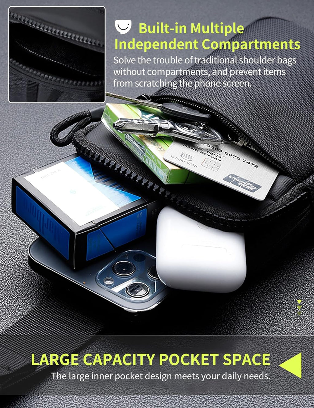 Peicees Mini Crossbody Sling Bag - Water Resistant Dual Pocket Phone Holder for Travel & Gym
