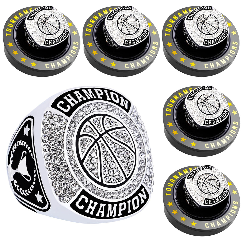 12 Pcs Basketball Championship Ring Basketball Ring Sport Ball Trophy Award Gift With Display Neck Chain and Stand for Tournament or League Champion Winner (6pcs silver basketball rings, size 13)