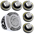 12 Pcs Basketball Championship Ring Basketball Ring Sport Ball Trophy Award Gift With Display Neck Chain and Stand for Tournament or League Champion Winner (6pcs silver basketball rings, size 13)