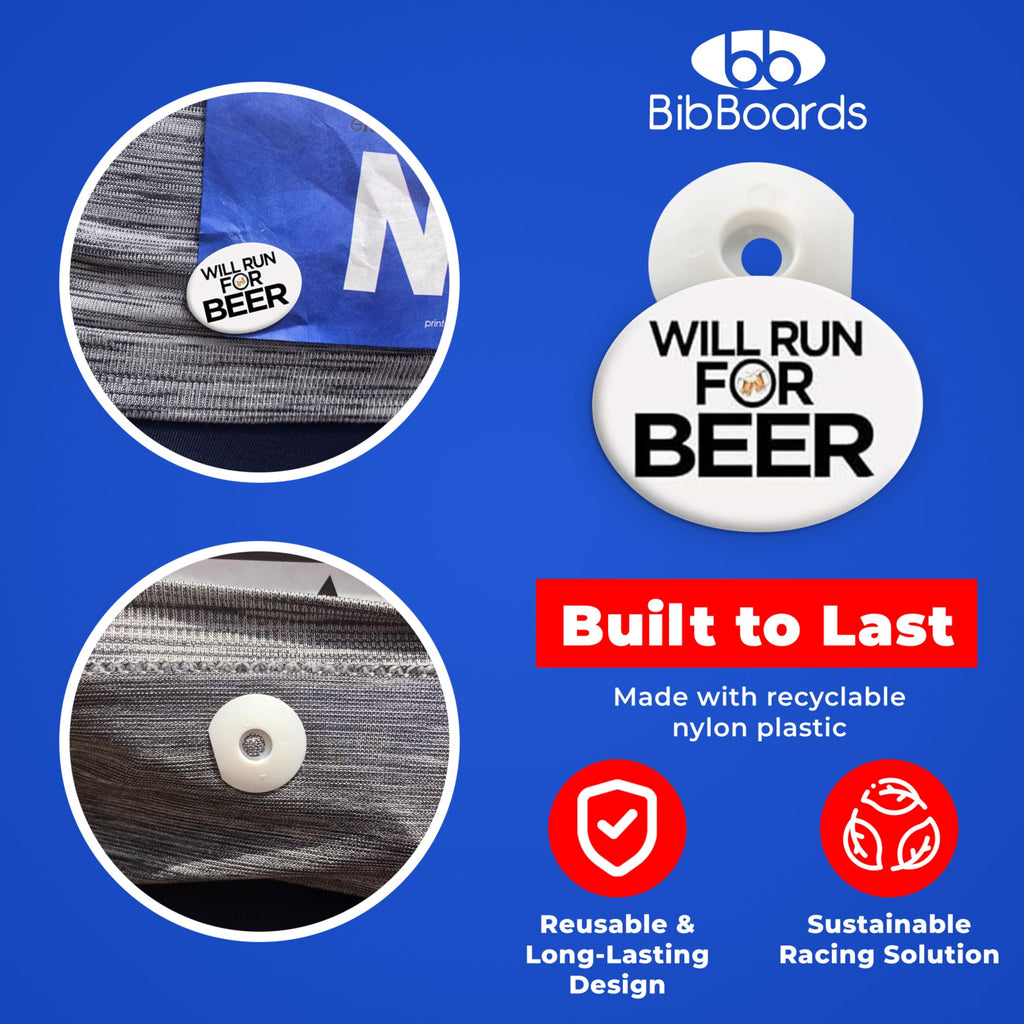 bibSNAPS Race Bib Clips - Safety Lock Fasteners - Secures Running, Marathon, Cycling & Event Number, Non Magnetic, Easy to Use, Soft & Reusable, Replacement for Pins & Magnets, Will Run for Beer(4pcs)