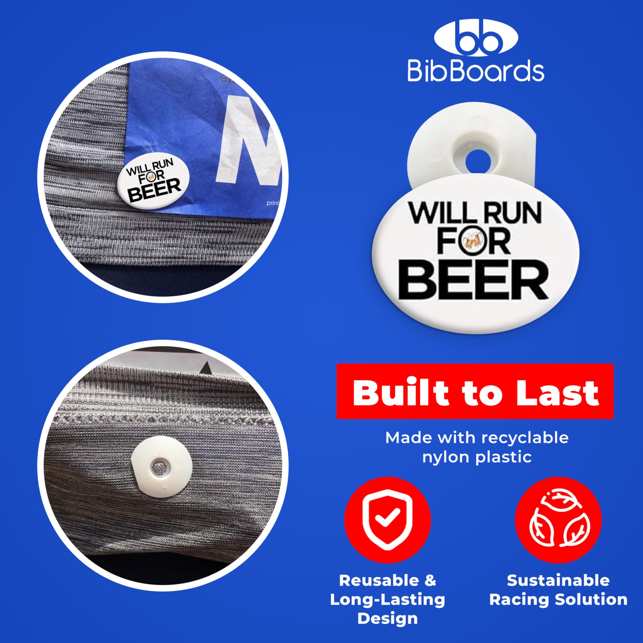 bibSNAPS Race Bib Clips - Safety Lock Fasteners - Secures Running, Marathon, Cycling & Event Number, Non Magnetic, Easy to Use, Soft & Reusable, Replacement for Pins & Magnets, Will Run for Beer(4pcs)
